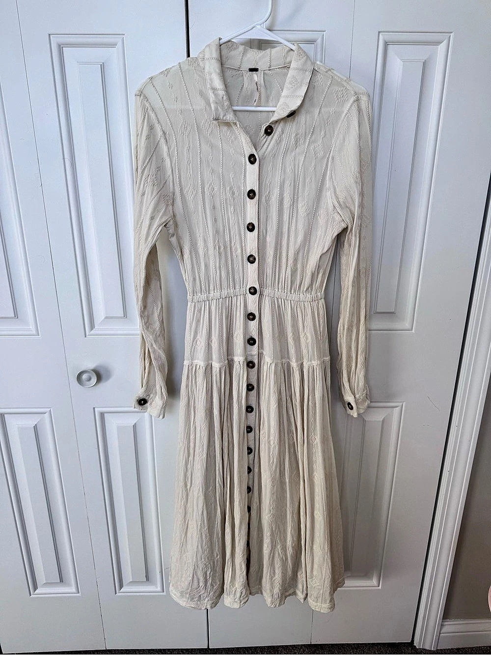 Free People Diamond Head Maxi Dress Raw Linen Ivory Textured Button Front Long S
